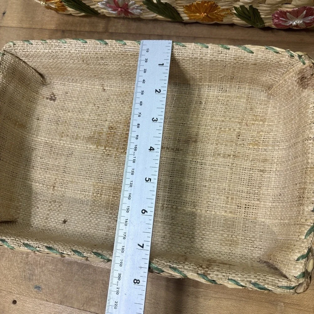 Vintage 60s 70s Raffia Floral Nesting Baskets Set 3 Boho Decor AS IS